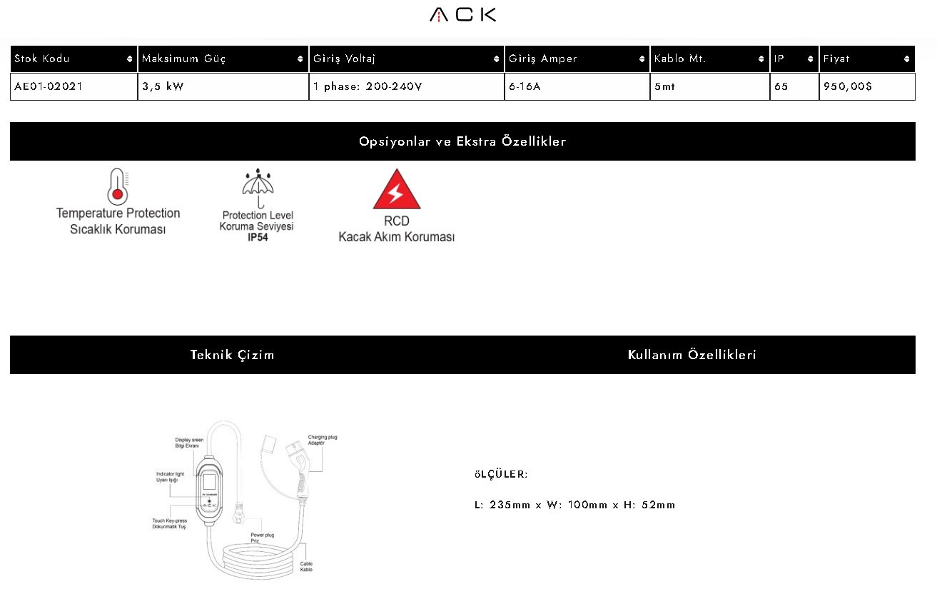 ELEKTRİKLİ ŞARJ CİHAZI ACK MARKA 2 YIL GARANTİLİ